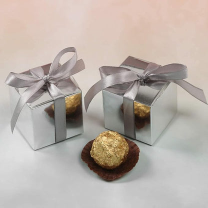 COTOPHER 25pcs Wedding Favor Boxes, Paper Gift Boxes 3x3x3 Inches Small Gift Boxes with Ribbons Small Boxes for Gifts, Crafting, Cupcake, Candy, Bridesmaid Proposal Boxes