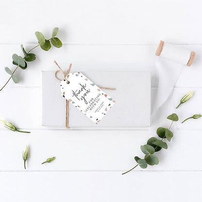 Andaz Press 100-Pack Personalized Thank You Tags with Bakers Twine Terrazzo Custom Cardstock Gift Tags for Wedding Party Favors 2 x 3.75-Inches
