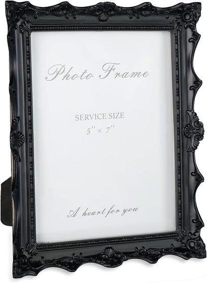 Cuspin 5x7 Black Picture Frame, Handcrafted Resin Frame with Exquisite Carved Details & Glass Front, Vintage Antique Design for Wall Hanging or Tabletop Display, Home Decor
