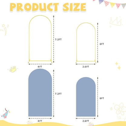 Arch Backdrop Stand and Cover Set 6FT 7.2FT Dusty Blue Arch Backdrop Covers Set of 2 Gold Metal Arch Frame Spandex Arched Covers for Birthday Party Banquet Wedding Ceremony Decor