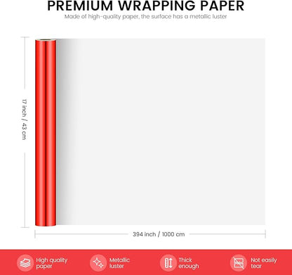 KMER LIFE Metallic Wrapping Paper Roll 17 x 394 inch for Birthday, Christmas, Baby Shower, Valentines, Wedding, Holiday - Premium Gift Wrap (Red)