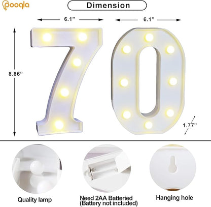 Pooqla 70th Birthday Decoration for Woman Man, Decorative LED Light Up Numbers, Marquee Numbers 70 Sign for Party Backdrop 70th Wedding Anniversary Decor, Warm White and Cool White Number 70