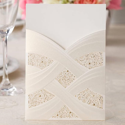 Hosmsua 5.12x7.2 50PCS Blank Wedding Invitations Kit Laser Cut light Gold Hollow Foil Flora Lace Sleeve Pocket with Envelopes for Quinceanera Wedding Invitation