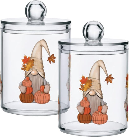 Gredecor 4 Pack Apothecary Jars with Lid Fall Gnome Maple Pumpkins Qtip Holder Dispenser Storage Containers Clear Plastic Cute Fall Autumn Thanksgiving Theme Canisters for Bathroom Vanity Organization