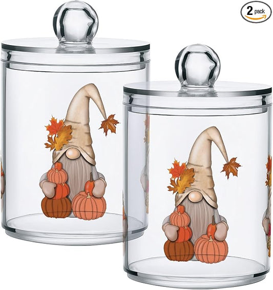Gredecor 2 Pack Apothecary Jars with Lid Fall Gnome Maple Pumpkins Qtip Holder Dispenser Storage Containers Clear Plastic Cute Fall Autumn Thanksgiving Theme Canisters for Bathroom Vanity Organization