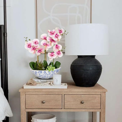 Briful Pink Orchid Fake Flowers 17in Artificial Orchid Silk Flowers in Blue and White Ceramic Vase Faux Orchid Arrangement for Elegant Home Office Room Dining Table Centerpiece Shelf Modern Decor