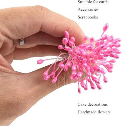 HAHIYO 700Pcs 3mm Dark Pink Pearl Double Head Flower Stamen Pistil - Handmade Artificial Pearlized Floral Pollen for Flower Making, Scrapbook Decoration
