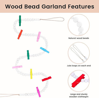 Hanging Photo Display Wall Decor, Wooden Bead Garland Collage Picture Frame with 9 Different Random Colors Wood Clips for Boho Bedroom, Living Room, Office, Dorm Decor