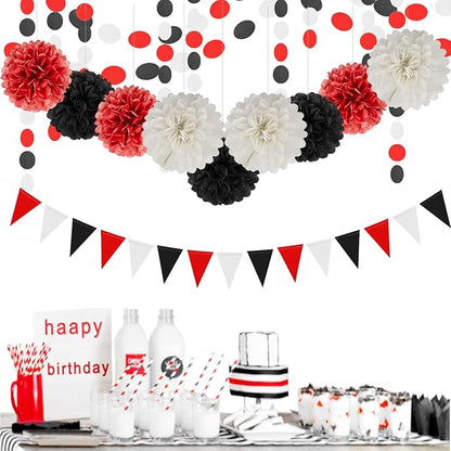 White Red Black Party Decorations - 15Pcs Tissue Paper Flower Pom Poms Lanterns Birthday Wedding Graduation Bachelorette Hanging Decor