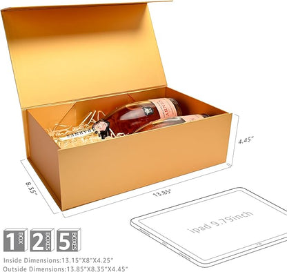 LIFELUM Gift Boxes with Lids for Presents 5 Pack 13.85 x 8.35 x 4.45 inch Gold Gift Boxes with Ribbon,Card,Shredded Paper Filler Gift Box for Valentine's day,Christmas