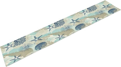 Nautical Coastal Table Runner，Ocean Themed Starfish Coral Conch Beach Kitchen Dinning Table Decoration for Indoor Outdoor Home Party Decor 13x90 Inch