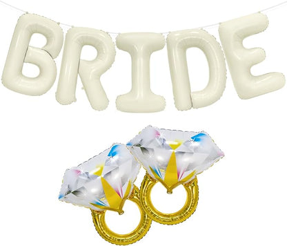 40 Inch Beige BRIDE Balloons Luxury Wedding Decor for Bridal Shower, Larger Cream White "BRIDE" Foil Letter with 2 Giant Diamond Ring Balloons, Bachelorette Engagement Wedding Party Favors