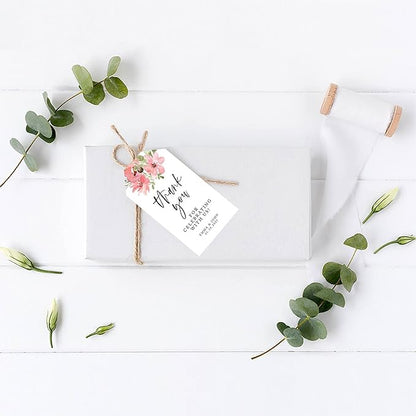 Andaz Press 100-Pack Personalized Thank You for Celebrating with Us Wedding Favor Tags with Bakers Twine Coral Watercolor Florals Custom Cardstock Wedding Gift Tags for Party Favors 2 x 3.75-Inches