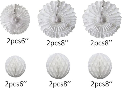 12pcs White Honeycomb Balls Tissue Paper Fans Party Honeycomb Ball Fans wall Decorations Tissue Pom Poms Flower Balls Hanging Paper Fans For Party Baby Shower Birthday Wedding Nursery Decor(white kit)