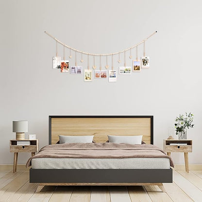 Hanging Photo Display Room Wall Decor, Boho Collage Picture Frame Christmas Cards Holder with 9 Wood Clips and 6 Wooden Hearts Tags, Xmas Card Display for Bedroom, Office, Nursery, Dorm Decor, 2 Pack