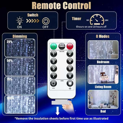 300LED Fairy Curtain Lights, 9.8x9.8Ft Warm White USB Plug in 8 Modes & Timer Christmas String Hanging Lights with Remote for Bedroom Indoor Outdoor Weddings Party Wall Decorations(White)