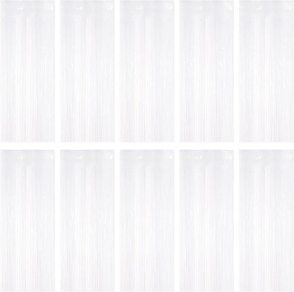 10 Pack White Foil Curtain Backdrop 3.2ft x 9.8ft Black Metallic Tinsel Foil Fringe Curtains Streamer Photo Booth Backdrop for Birthday Party Engagement Bachelorette Party Decorations (White)