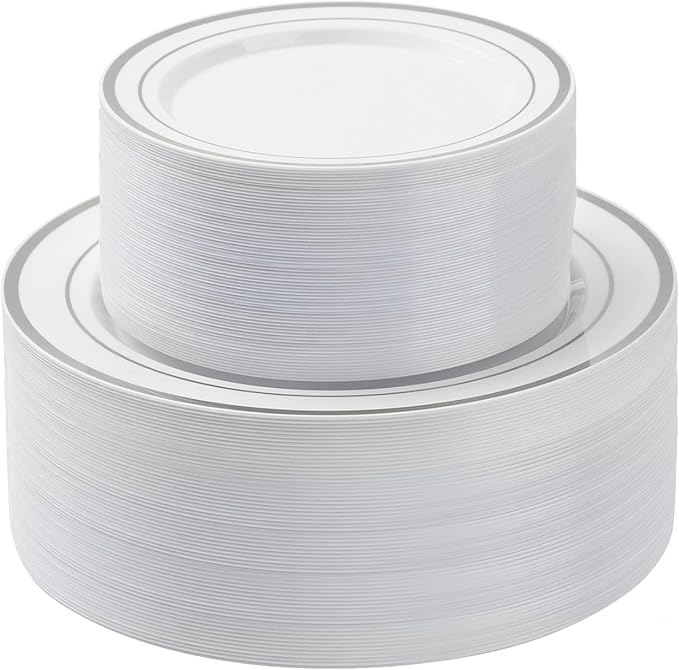 100PCS Silver Plastic Plates Set, 50 10.25 inch Dinner Plate and 50 7.5 inch Dessert Plates, Premium Disposable Plates for Party, Wedding
