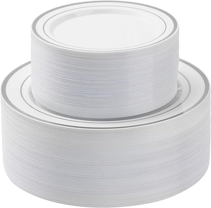 100PCS Silver Plastic Plates Set, 50 10.25 inch Dinner Plate and 50 7.5 inch Dessert Plates, Premium Disposable Plates for Party, Wedding