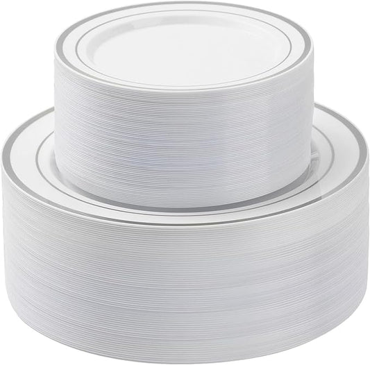 100PCS Silver Plastic Plates Set, 50 10.25 inch Dinner Plate and 50 7.5 inch Dessert Plates, Premium Disposable Plates for Party, Wedding