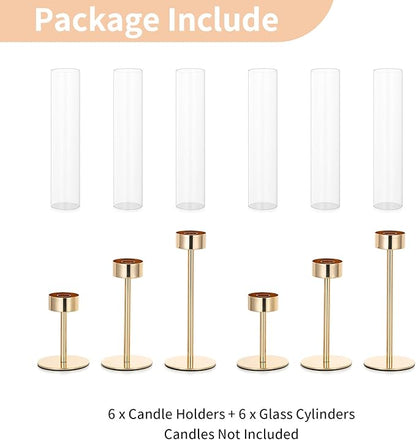 NUPTIO Hurricane Candle Holder for Candlestick: 6 Pcs Gold Taper Candlestick Holders - Tall Modern Candles Stick Decor with Cylinder Shape Cover for Dinner Table Centerpiece