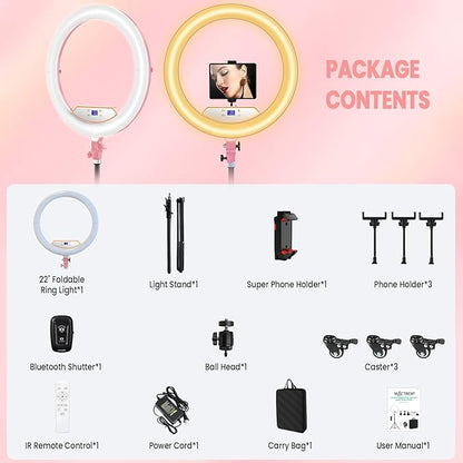22" Foldable Ring Light with Stand for iPhone ipad, 75" Tripod with Wheels 50W 6500K LED Display/2 USB Ports Large Ringlight Rolling, Tattoo Barber Makeup Studio Video Photography Lighting(Pink)