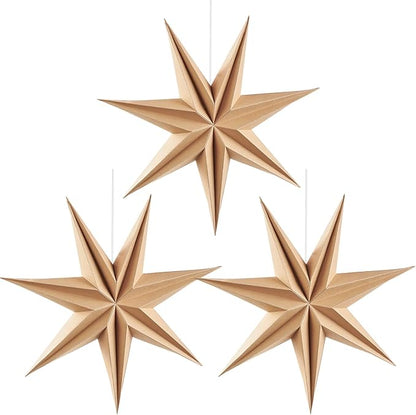 3PCS 12inch 7-Pointed Natural Paper Star Landerns Hanging Decoration Set Festive Holiday Decor Stars Shape Landerne for Christmas Home Deco