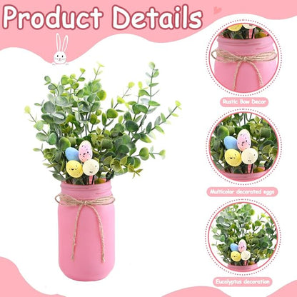DIYDEC 3PCS Easter Mason Jars 3 * 5Inch Easter Painted Tiered Tray Decorative Jars with Wood Tray &Artificial Flowers Farmhouse Bottles for Holiday Spring Home Table Centerpiece Decor Gifts