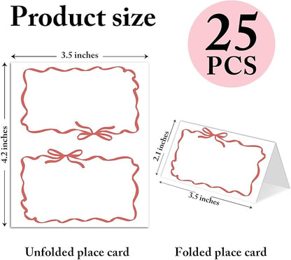25 Pack Red Bow Wave Place Cards, Editable Name Cards for Table Setting, Tent Cards Food Label for Dinner Party, Bridal Shower, Wedding, Baby Shower and Events -T13