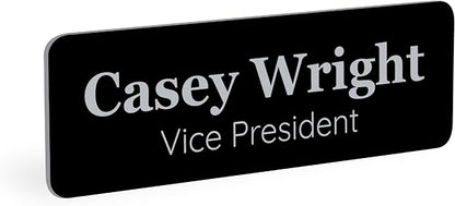 ExcelMark Custom Name Tag - Engraved Name Badge with Pin or Magnetic Backing, 16 Colors, 6 Fonts, and 2 Sizes to Choose from (Black w/Silver Letters, 1"x 3")