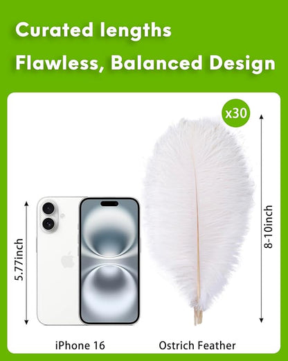 NEWONG 30pcs White Ostrich Feathers Natural Bulk 8-10inch(20-25cm) Vase Craft Wedding Home Party Centerpieces Christmas Day Decoration