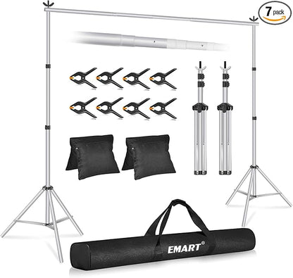 EMART Backdrop Stand 10x7ft(WxH) Photo Studio Adjustable Background Stand Support kit with 2 Crossbars, 8 Clamps, 2 Sandbags and Carry Bag for Parties, Events Decoration, Wedding, Photography -Silver