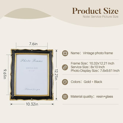8x10 Black and Gold Picture Frame Vintage Frame, Ornate Textured Hand-Crafted Resin Photo Frames with Glass Front, 8 by 10 Decorative Picture Frame for Wall & Tabletop, Antique Frame Home Decor