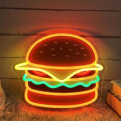 Burger LED Neon Sign, Custom UV Printed Hamburger LED Neon Light Home Kitchen Wall Decor Restaurant Fast Food Shop Decor Burger Lover Gift Size:20 X 17inch