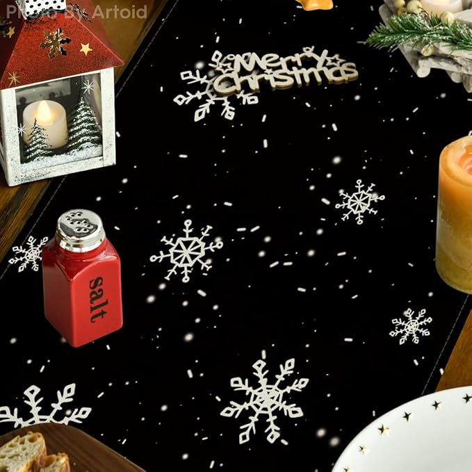 Artoid Mode Black Snowman Snowflake Let it Snow Winter Table Runner, Christmas Kitchen Dining Table Decoration for Home Party Decor 13x120 Inch