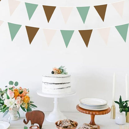 32Ft Sage Green Brown Party Decorations Retro Colored Triangle Flag Fabric Banner Pennant Bunting Garland Streamers for Birthday Wedding Baby Shower Jungle Safari Summer Christmas Outdoor Party Decor