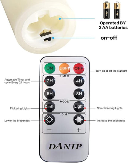 LED flameless Candle, with Embedded Starlight String,（ danip)5-Piece LED Candle, with 10-Key Remote Control, 24-Hour Timer Function, Dancing Flame, Real Wax, Battery-Powered. (Ivory White)