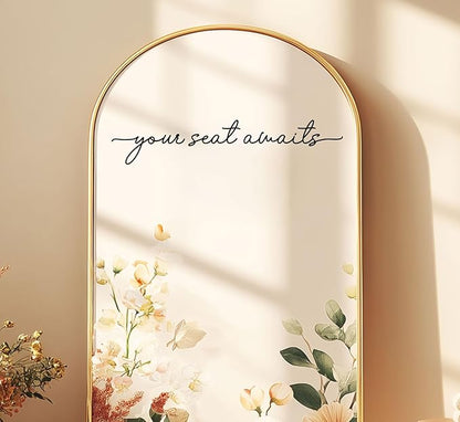 Your Seat Awaits Vinyl Decal, Wedding Seating Sticker, Mirror Decal for Seating, Please Find Your Seat Signs, Wedding Decor Sign (Black, Width 20")