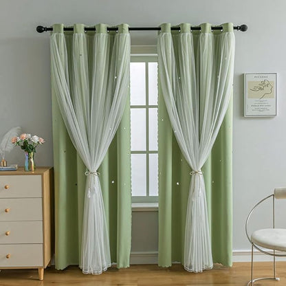 FANLI 2 Panels Star Blackout Curtains for Kid Girls Bedroom Living Room Darking Stripe Double Layer Star Cut Out Wall Home Decor Gradient Grommet Window Curtains (Green 63L)