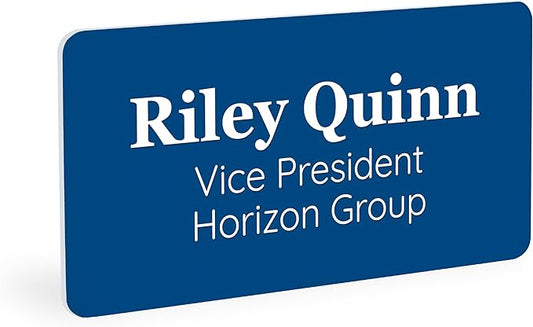 ExcelMark Custom Name Tag - Engraved Name Badge with Pin or Magnetic Backing, 16 Colors, 6 Fonts, and 2 Sizes to Choose from (Blue w/White Letters, 1.5"x 3")