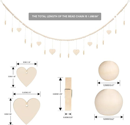 joycraft 5Ft Photo Banner with Clips, Photo Garland with Wooden Beads, Photo Clip String, Boho Photo Display for Bedroom, Office, Dorm, and Party Decor(11Pcs Clips + 6Pcs Wooden Heart Tags)