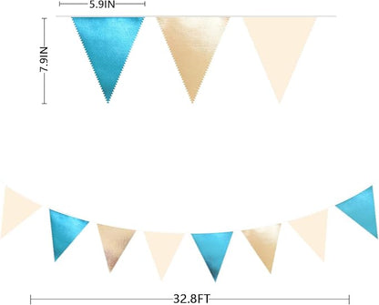 Champagne Gold Sky Blue Beige Decorations Metallic Fabric Triangle Pennant Banner Bunting Flag Garland for Birthday Baby Shower Engagement Wedding Graduation Bridal Shower Party Decorations Supplies