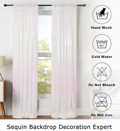 ShinyBeauty Sequin Backdrop Curtains 2FTx8FT 4 Panels Iridescent White - Sparkly Photo Background for Wedding, Party, Event Decor, Mermaid Shimmer Wall Backdrops