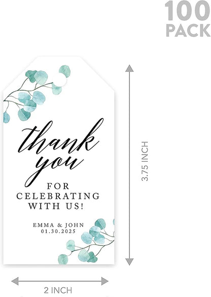 Andaz Press 100-Pack Personalized Thank You for Celebrating with Us Wedding Favor Tags with Bakers Twine Silver Dollar Eucalyptus Custom Cardstock Wedding Gift Tags for Party Favors 2 x 3.75-Inches