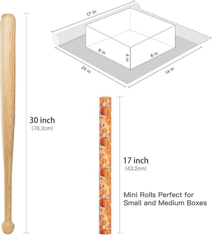 RUSPEPA Fall Wrapping Paper Roll, Mini Roll, Watercolor Pumpkin, Autumn Leaf and Mushroom Design, Autumn Kraft Gift Wrap Paper for Thanksgiving, Fall Party, Harvest, 17 Inches x 16.4 Feet