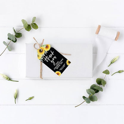 Andaz Press 100-Pack Personalized Thank You For Celebrating With Us Wedding Favor Tags with Bakers Twine Sunflowers Black Background Custom Cardstock Wedding Gift Tags for Party Favors 2 x 3.75-Inches