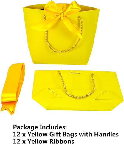 HUAPRINT Gift Bags with Handles,7.48×3.54×7.9 inches,Party Favor Bags with Bow Ribbon,12Pcs Yellow Paper Bags for Birthday Wedding Bridesmaid Present Celebration Holiday