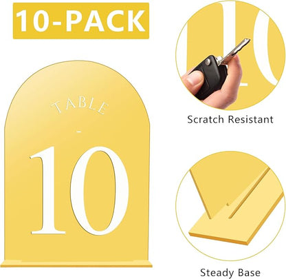 JOYIT Arch Wedding Table Numbers 1-10 with Stands – 5" X 7" Acrylic Mirrored Gold Table Number Holders, Perfect for Wedding Receptions, Parties, Anniversaries, and Events