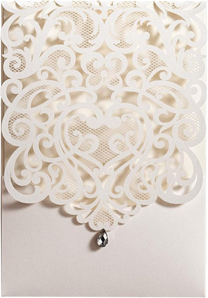 Hosmsua 50PCS Personalized Wedding Invitations Kit 5.12 x 7.3 Laser Cut Hollow Rose Rhinestone Pocket with Envelope for Wedding Quinceanera Invite (White Ivory)
