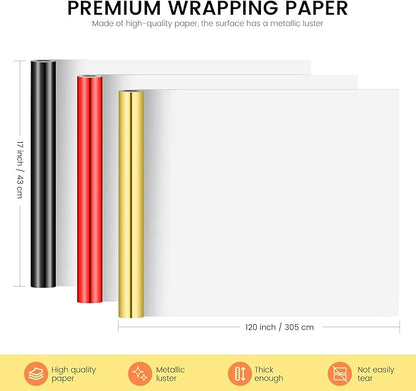 KMER LIFE Metallic Wrapping Paper Rolls - 3 Rolls Premium Gift Wrapping Paper, 17 x 120 Inch Each, Birthday & Christmas Wrapping Paper, Baby Shower & Party (Red, Black, Gold)